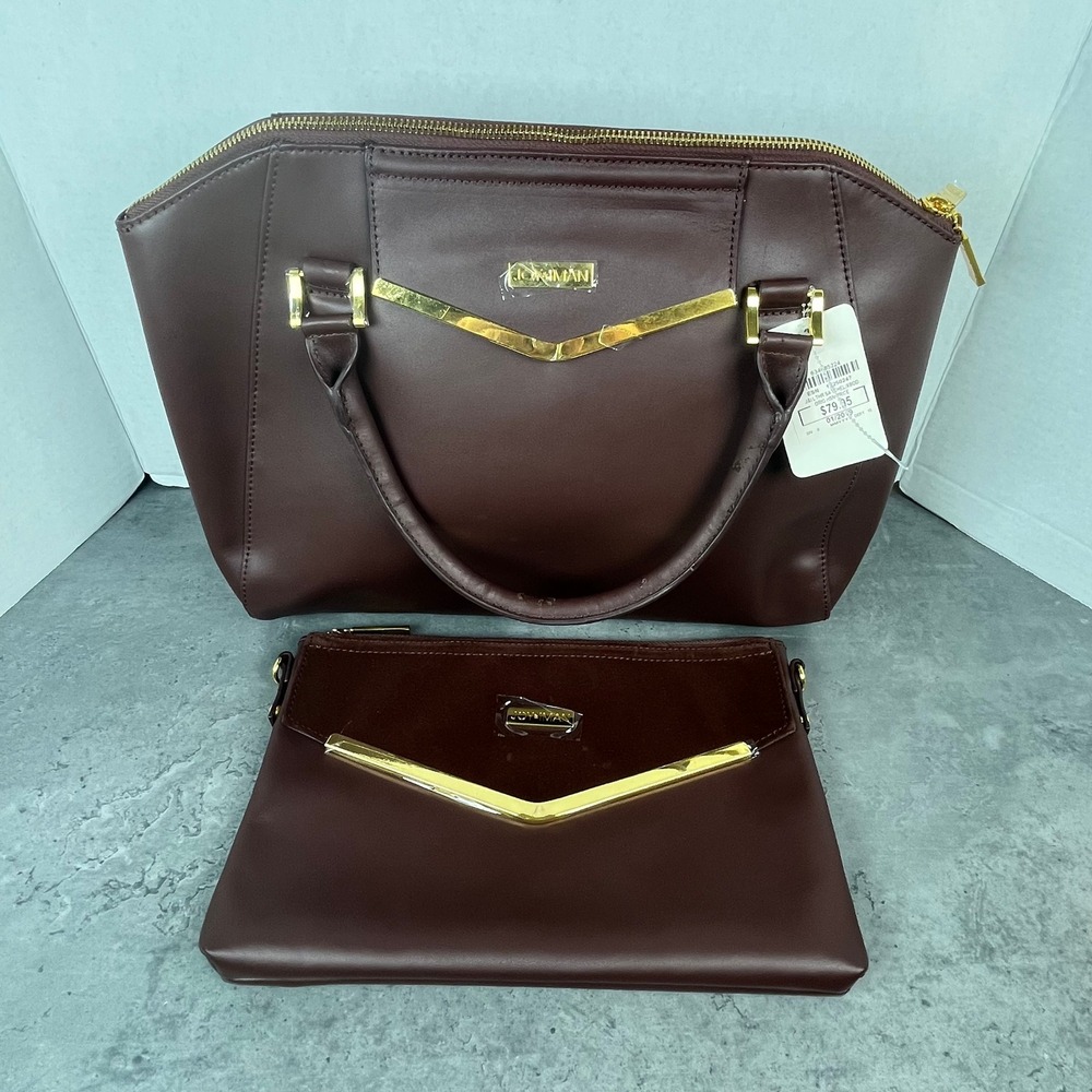 New with Tags Joy & Iman Brown Gold Leather‎ Satchel with Matching Crossbody Bag